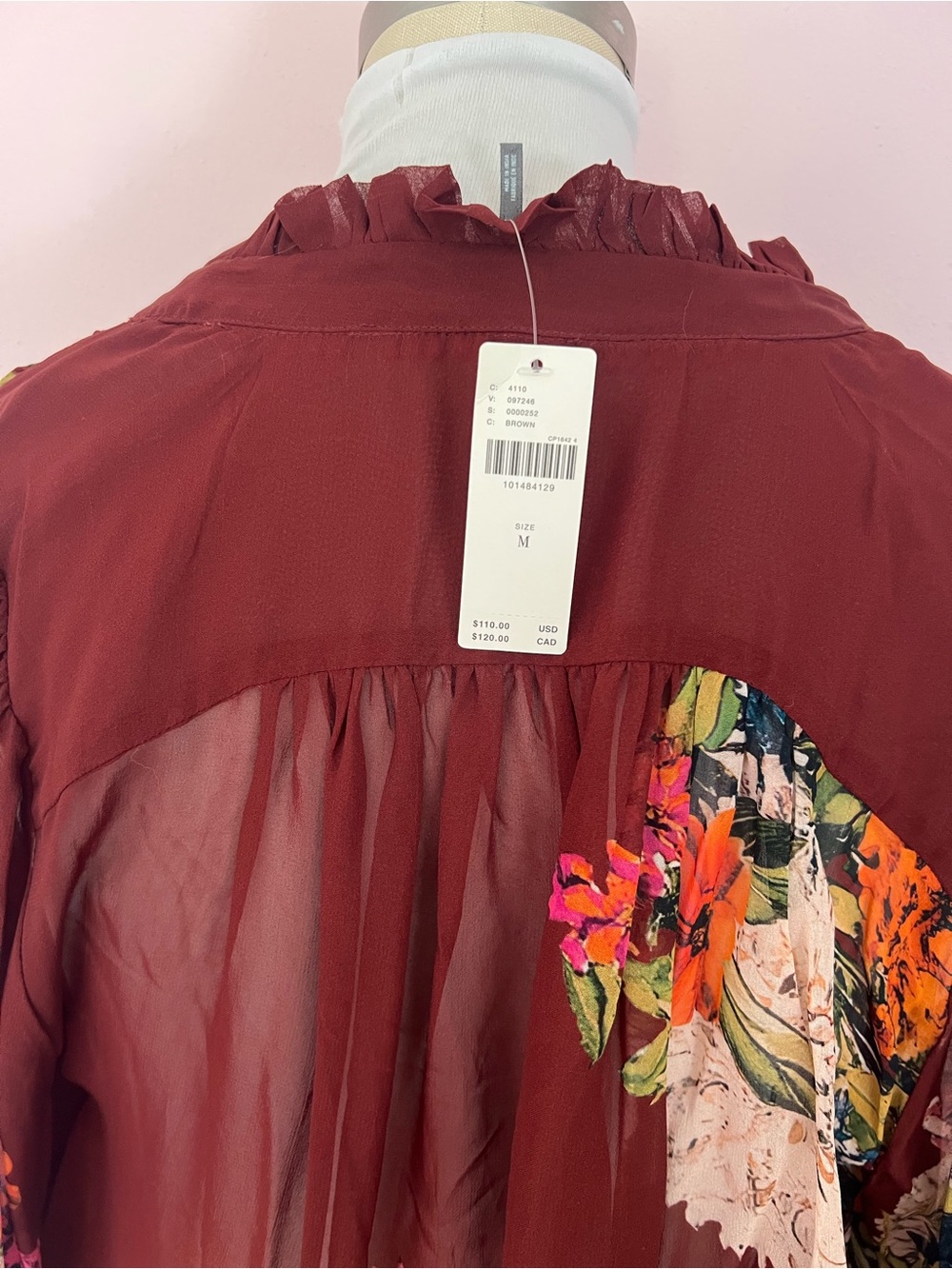 Anthropologie Burgundy Floral Sheer V-Neck Blouse - Picture 4 of 4